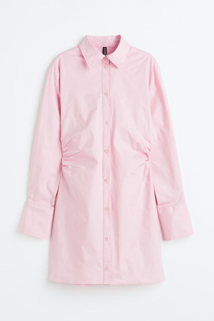 H & M - Gathered Poplin Shirt Dress - Pink