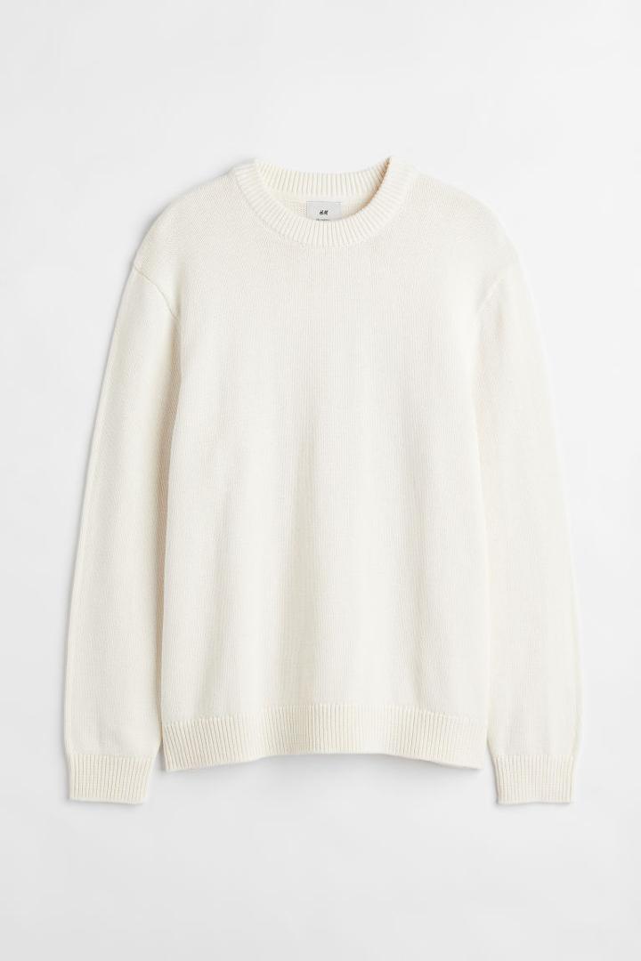 H & M - Relaxed Fit Fine-knit Cotton Sweater - White