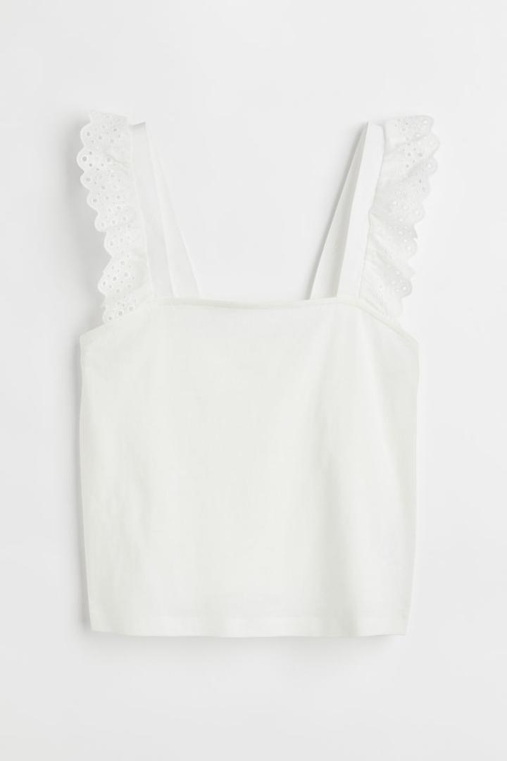 H & M - Flounce-trimmed Cotton Top - White