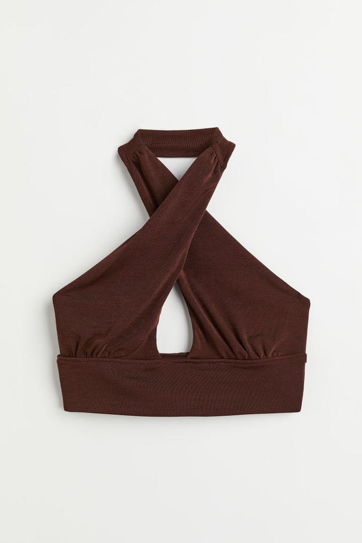 H & M - Velour Halterneck Crop Top - Brown