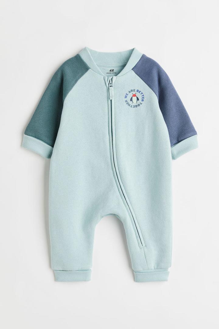 H & M - Foldover-trim Romper Suit - Turquoise