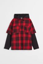 H & M - Oversized Hooded Flannel Shirt - Red