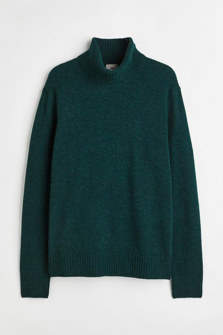 H & M - Relaxed Fit Wool Turtleneck Sweater - Green