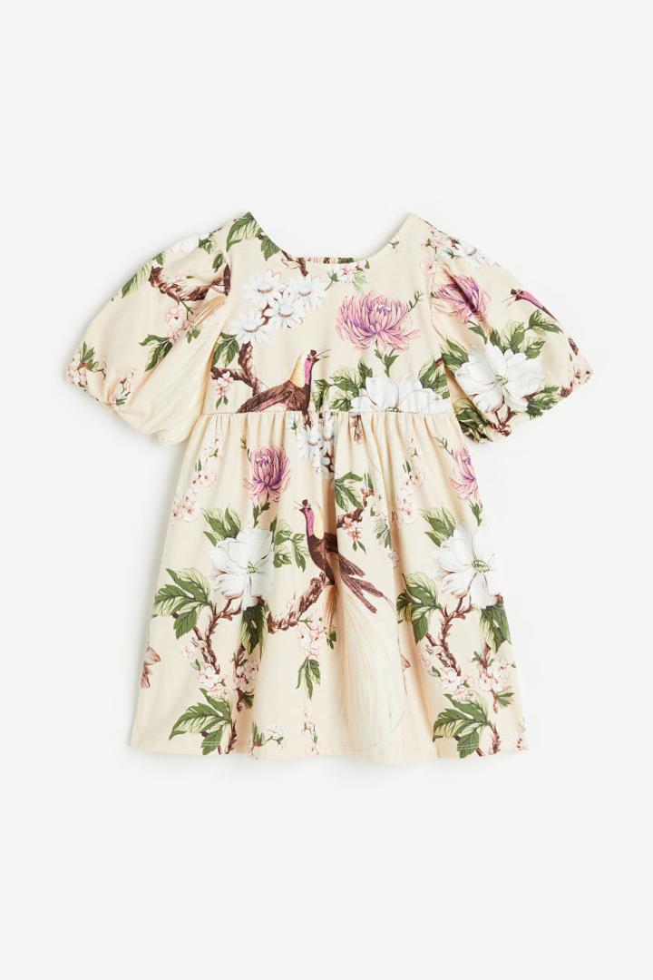 H & M - Balloon-sleeved Printed Dress - Beige