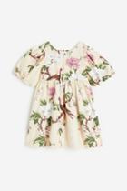 H & M - Balloon-sleeved Printed Dress - Beige