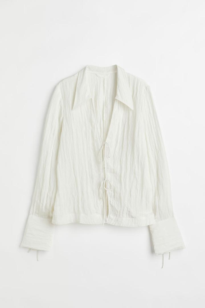 H & M - Crinkled Blouse With Tie Detail - White