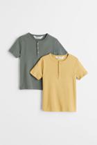 H & M - 2-pack Cotton Henley Shirts - Green