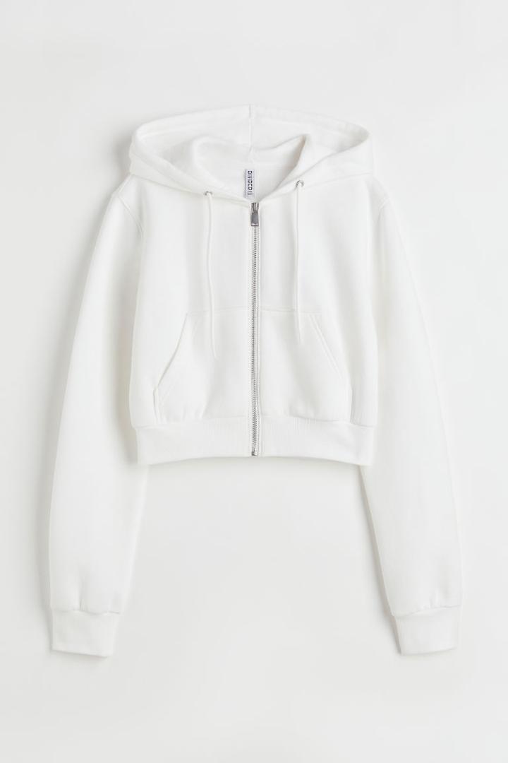 H & M - Short Hooded Sweatshirt Jacket - White