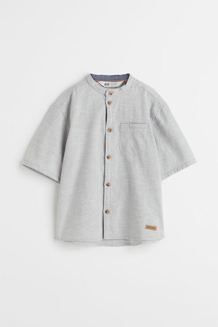 H & M - Short-sleeved Band-collar Shirt - Gray
