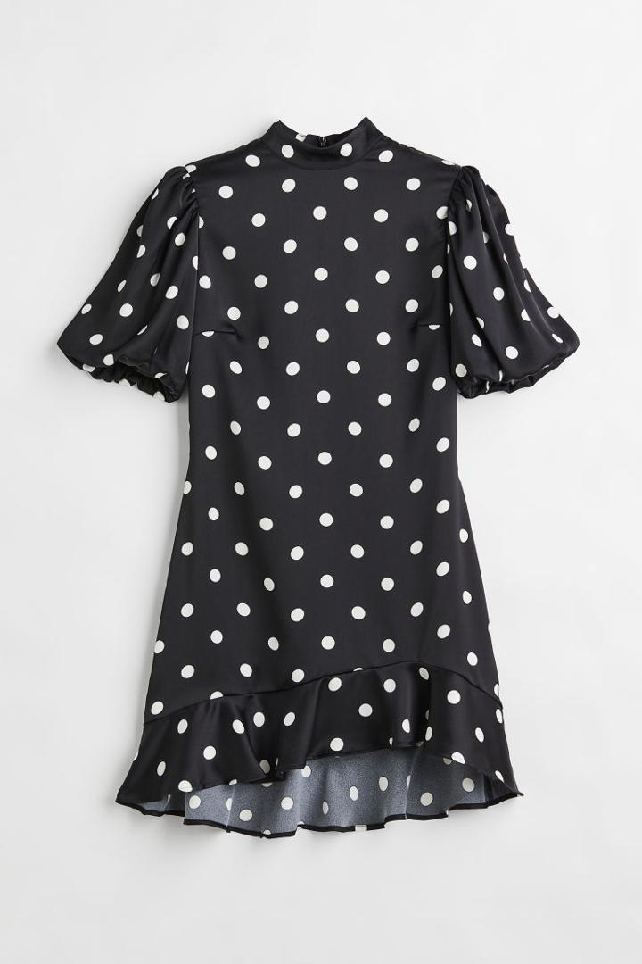 H & M - Puff-sleeved Satin Dress - Black
