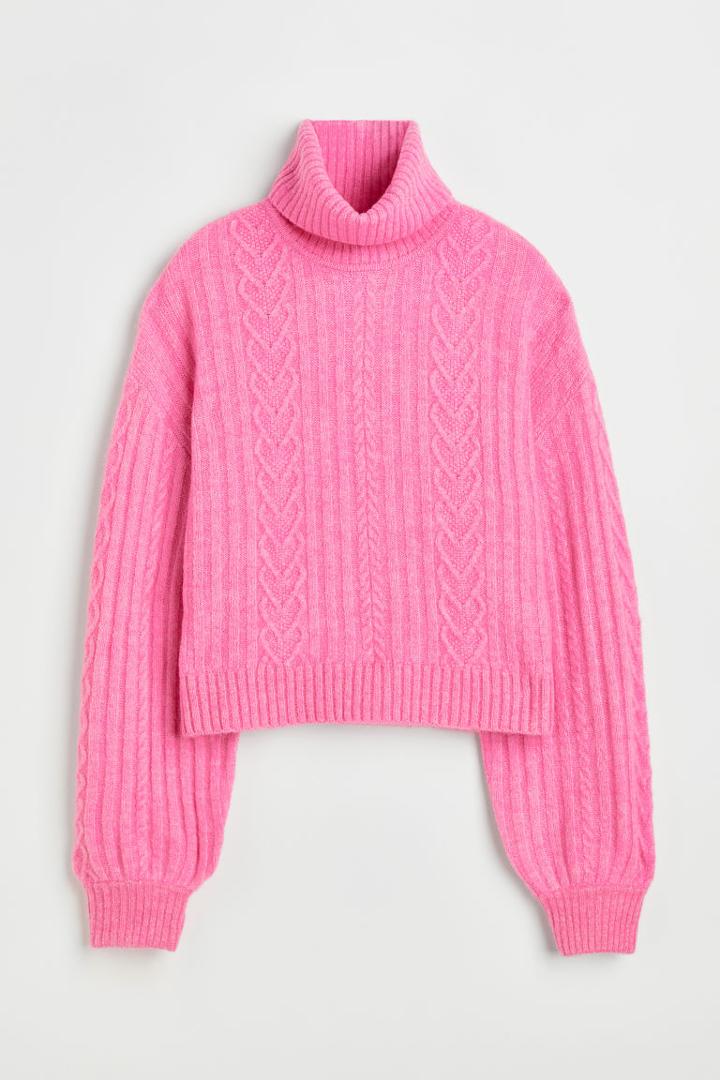 H & M - Cable-knit Turtleneck Sweater - Pink