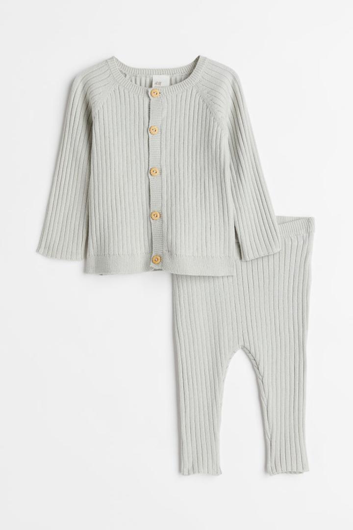 H & M - 2-piece Rib-knit Cotton Set - Green