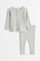 H & M - 2-piece Rib-knit Cotton Set - Green