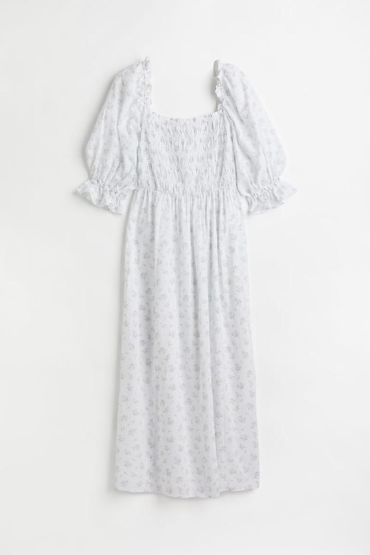 H & M - Floral Puff-sleeved Dress - White