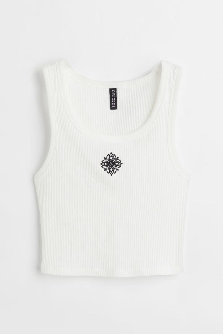 H & M - Embroidered-detail Sleeveless Top - White