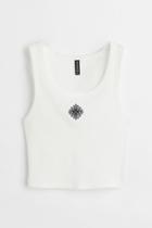 H & M - Embroidered-detail Sleeveless Top - White