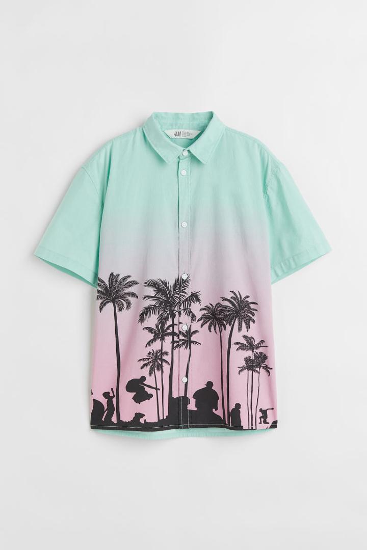 H & M - Patterned Cotton Shirt - Turquoise