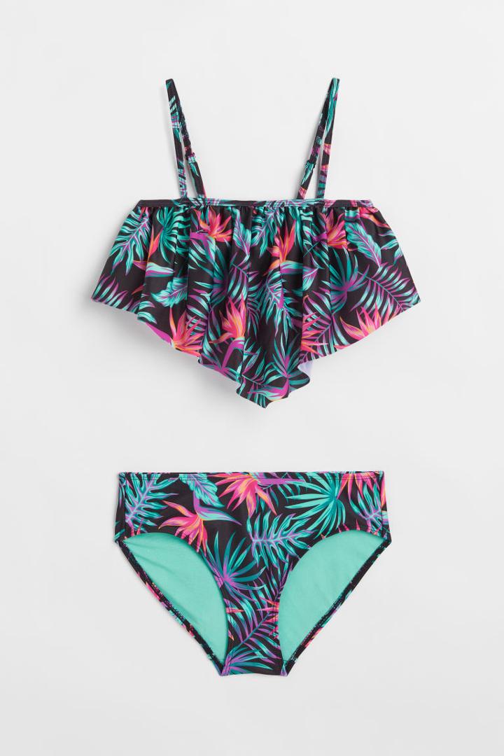 H & M - Patterned Ruffled Bikini - Black