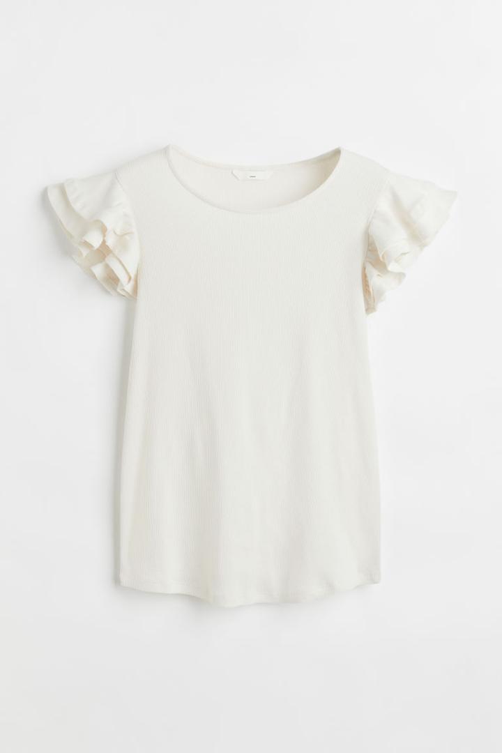 H & M - Mama Flutter-sleeved Jersey Top - White