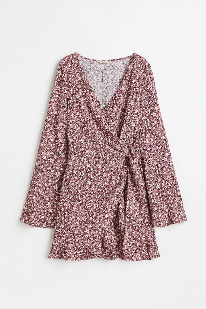 H & M - Flounced Crped Wrap Dress - Pink