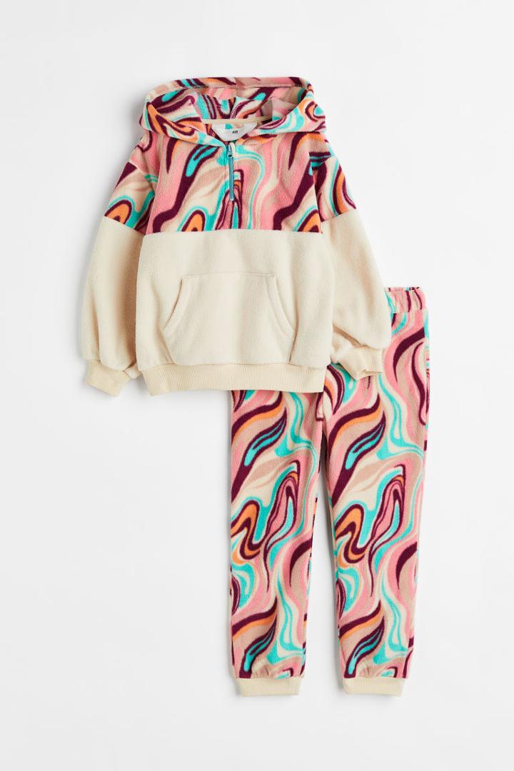 H & M - 2-piece Patterned Fleece Set - Beige