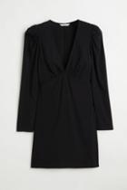 H & M - Patterned Puff-sleeved Dress - Black