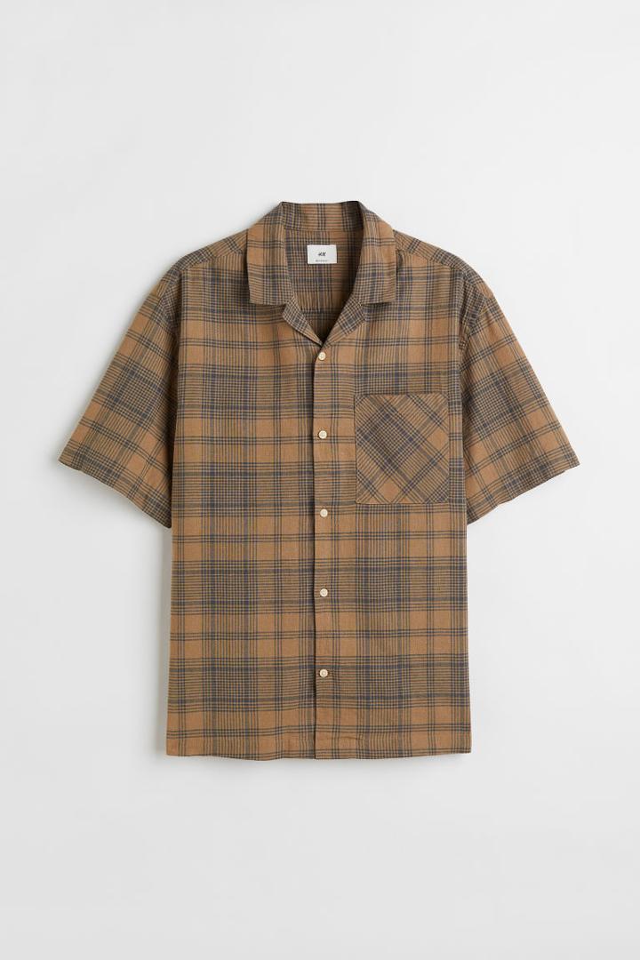 H & M - Relaxed Fit Short-sleeved Linen-blend Shirt - Green