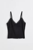 H & M - Lace-trimmed Ribbed Top - Black