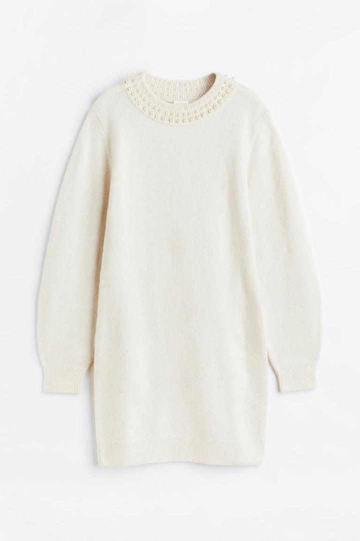 H & M - Beaded Knit Dress - Beige