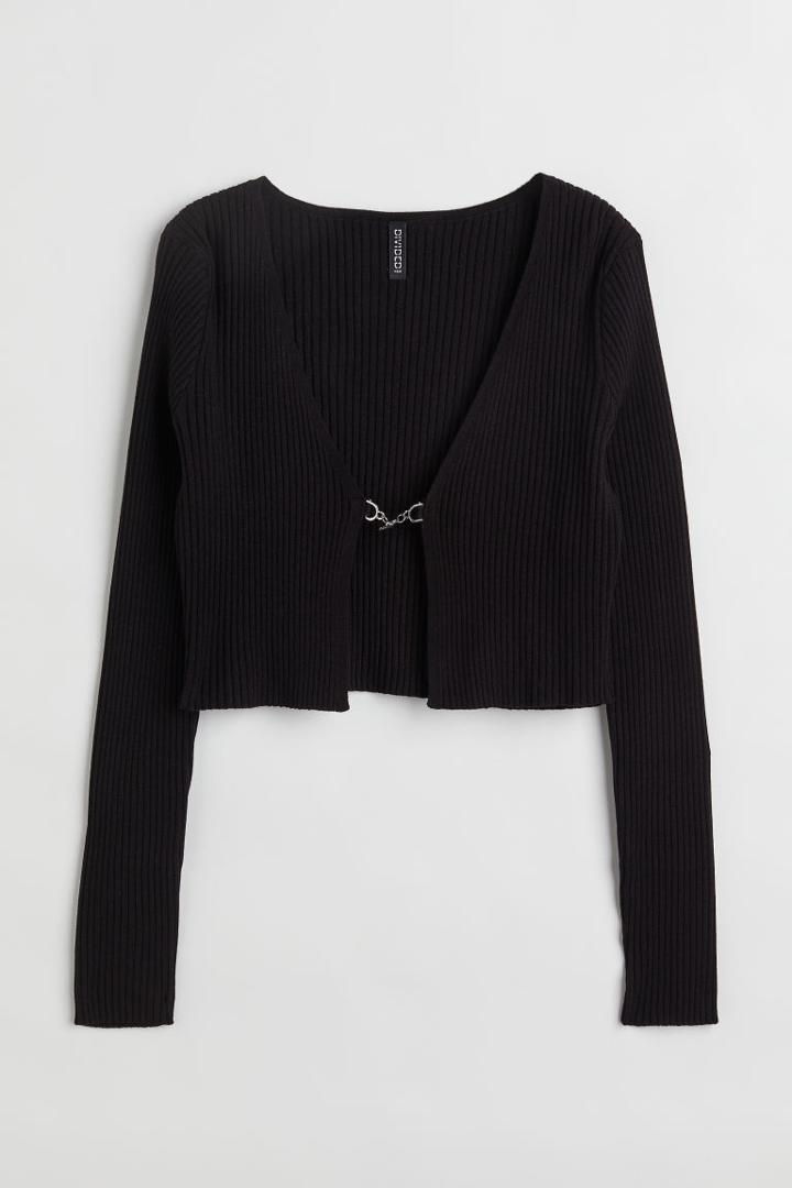 H & M - Rib-knit Crop Cardigan - Black