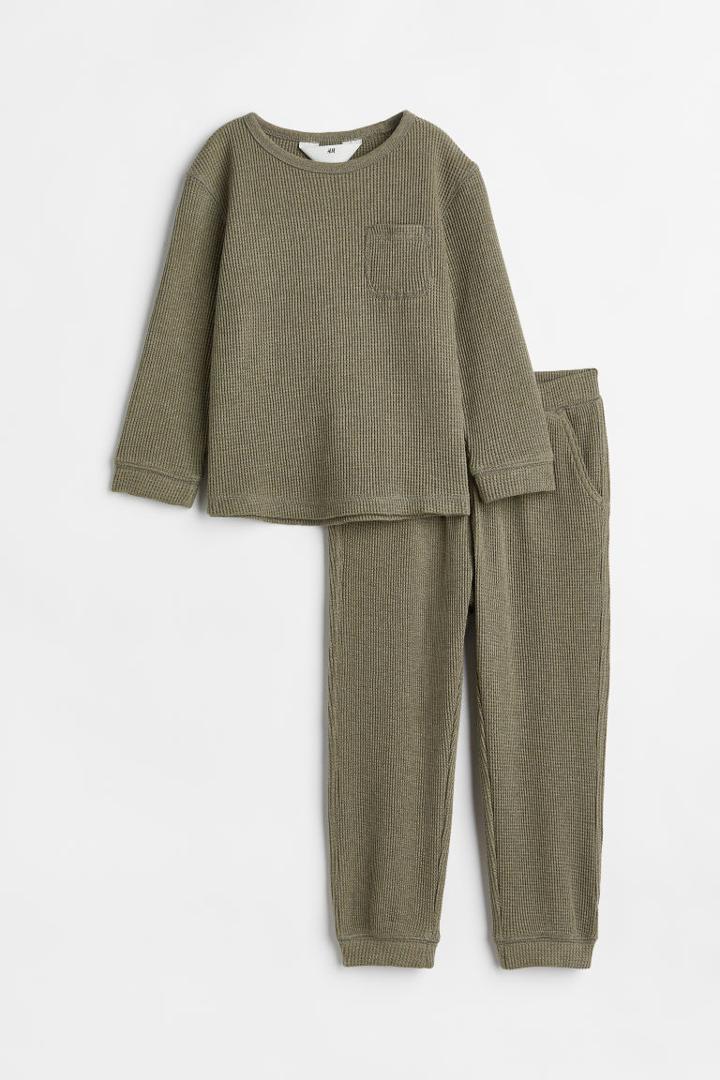 H & M - 2-piece Waffle Cotton Jersey Set - Green