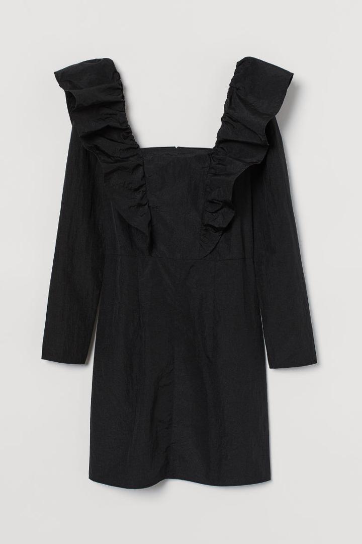 H & M - Flounce-trimmed Dress - Black