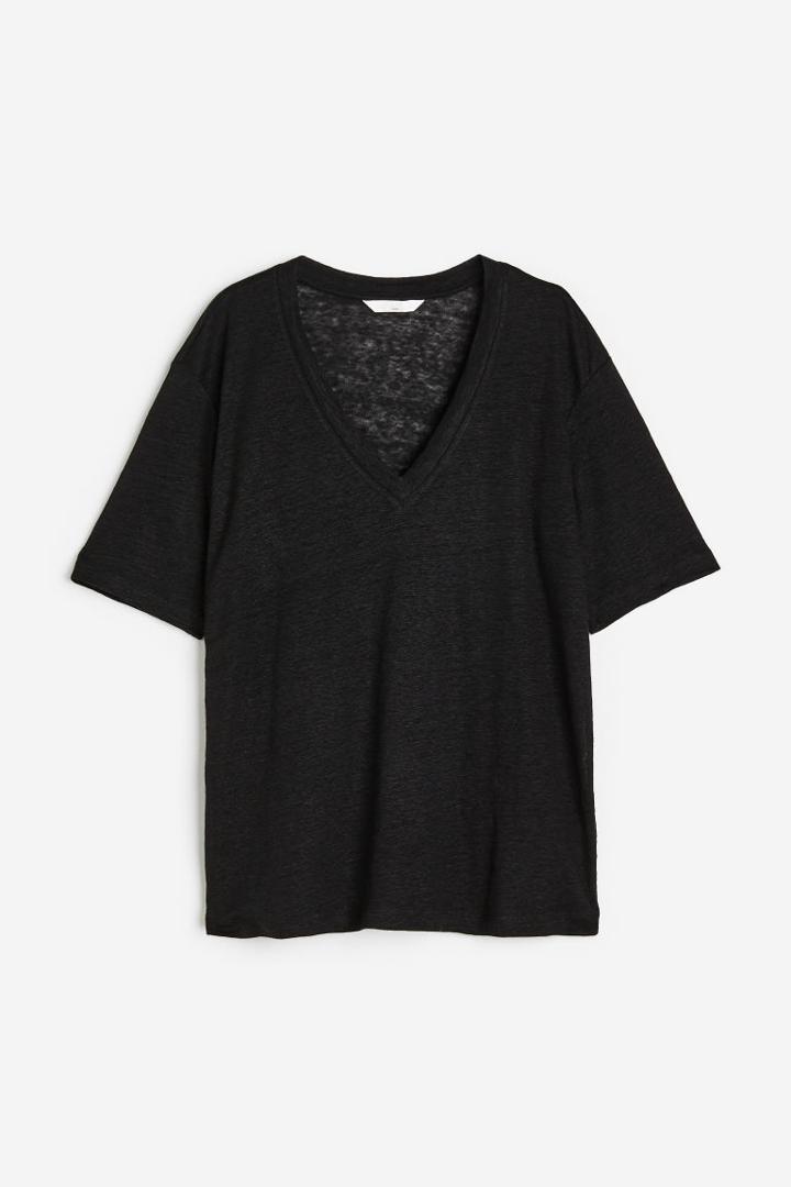 H & M - V-neck Linen Jersey T-shirt - Black