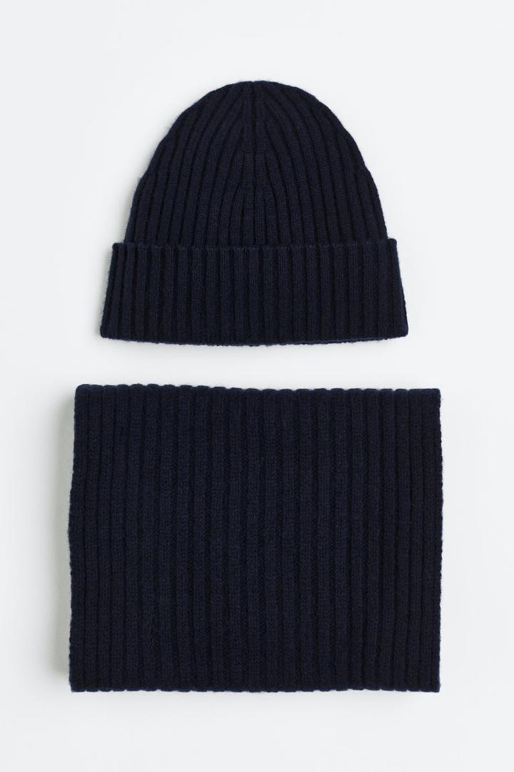 H & M - Wool Hat And Scarf Set - Blue