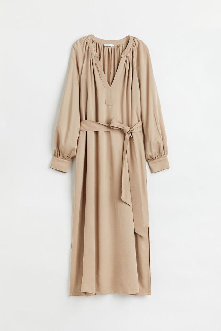 H & M - V-neck Tie-belt Dress - Beige