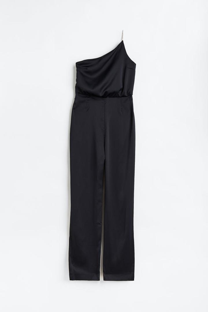 H & M - Rhinestone-strap One-shoulder Jumpsuit - Black
