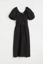 H & M - Gathered Puff-sleeved Dress - Black