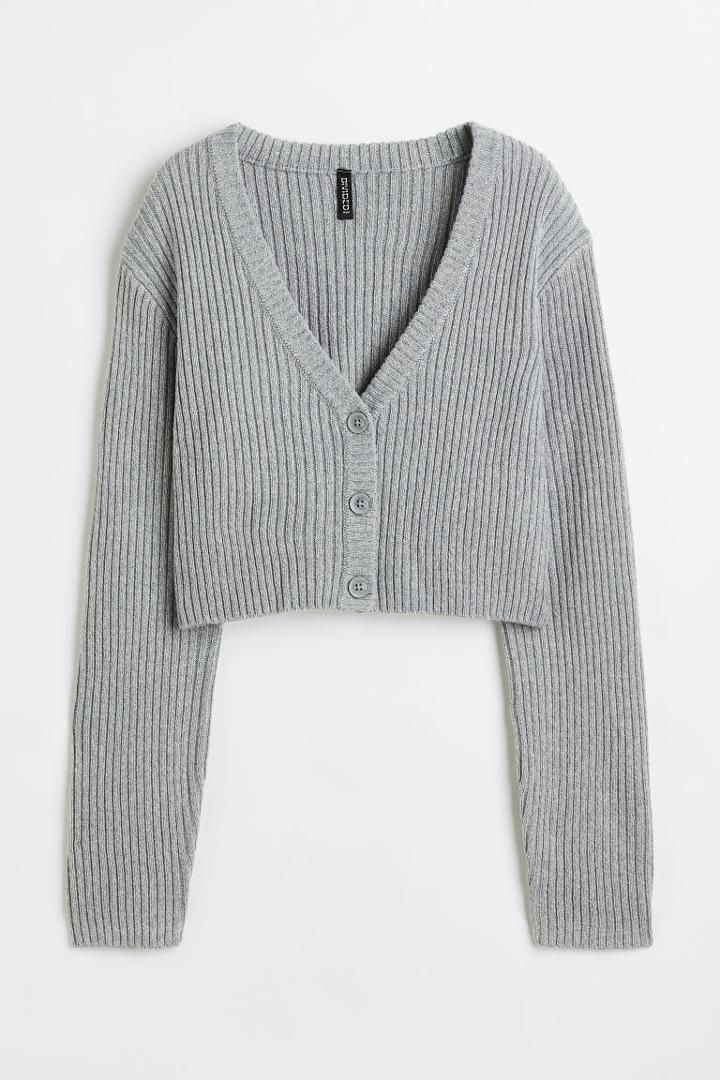 H & M - Rib-knit Crop Cardigan - Gray