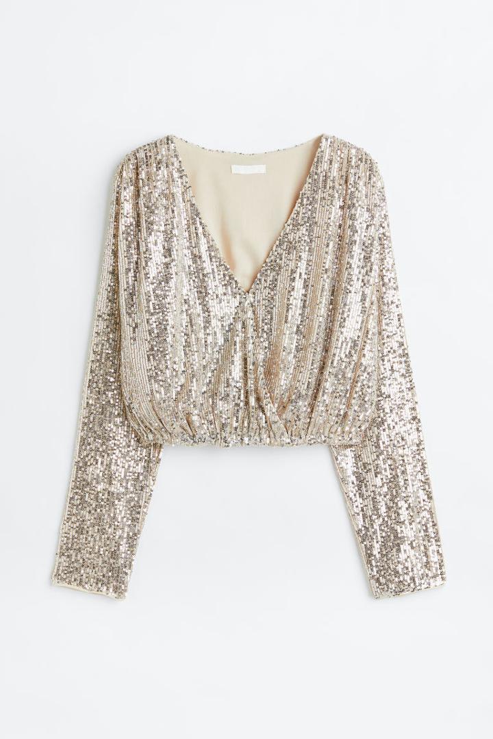 H & M - Sequined Wrapover Blouse - Silver