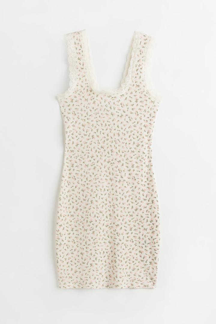 H & M - Lace-trimmed Ribbed Dress - White