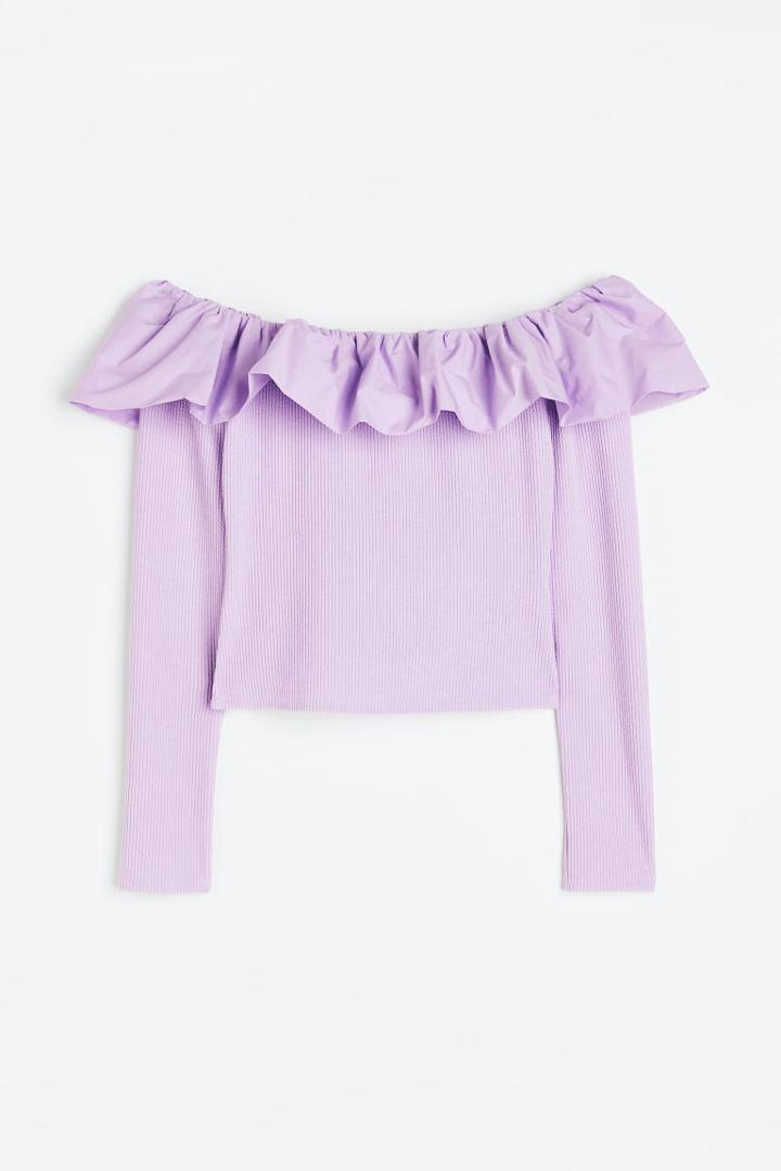 H & M - Flounce-trimmed Off-the-shoulder Top - Purple