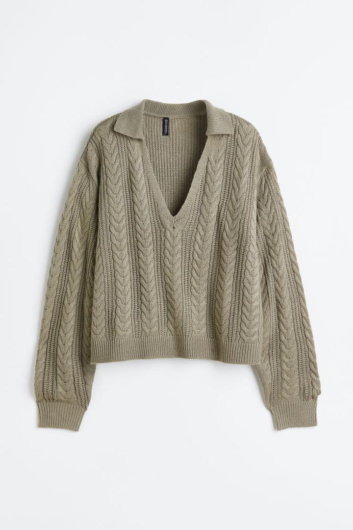 H & M - H & M+ Collared Cable-knit Jumper - Green