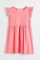 H & M - Flutter-sleeved Ribbed Dress - Pink