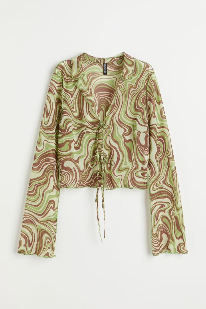 H & M - Tie-front Chiffon Blouse - Green
