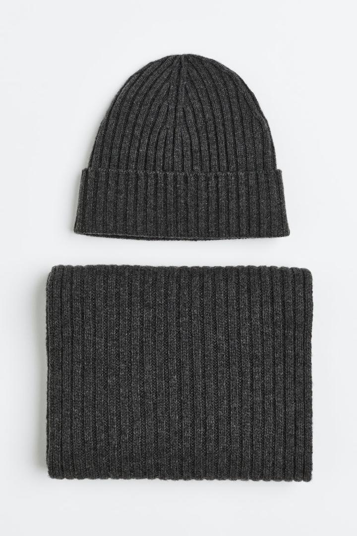 H & M - Wool Hat And Scarf Set - Gray