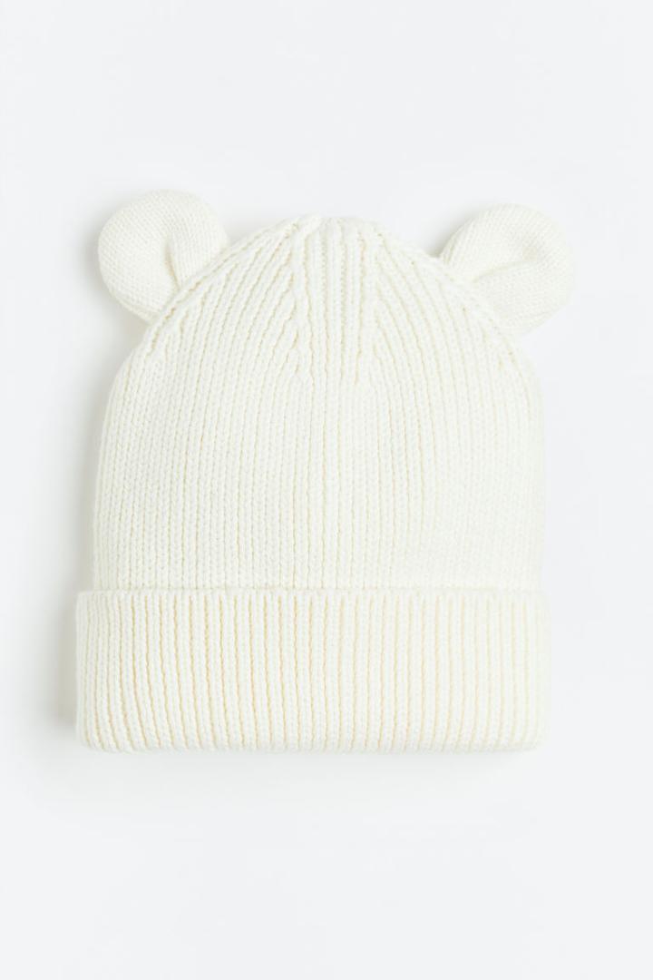 H & M - Rib-knit Hat With Ears - White