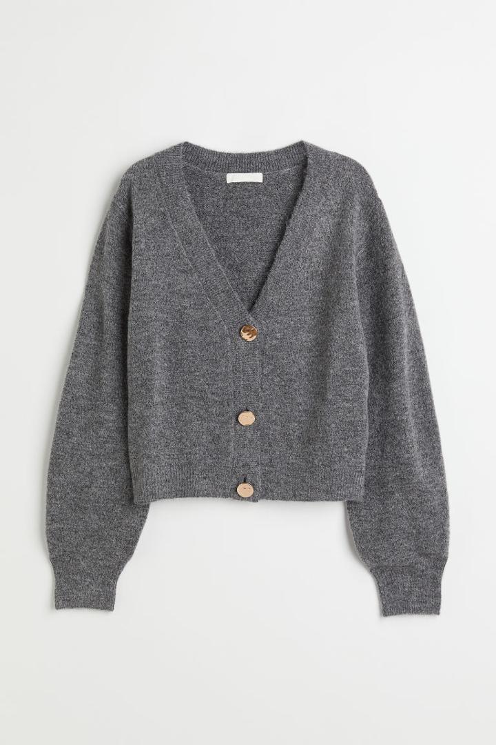 H & M - Rhinestone-button Knit Cardigan - Gray