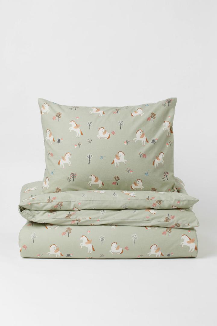 H & M - Patterned Cotton Duvet Cover Set - Green