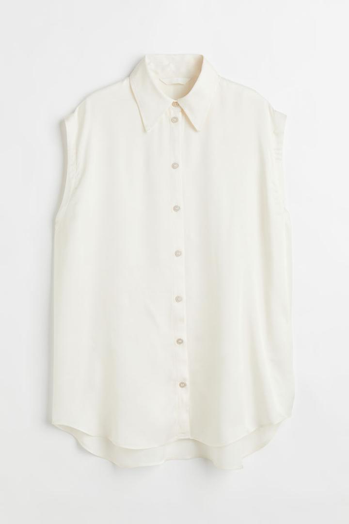 H & M - Sleeveless Satin Shirt - White