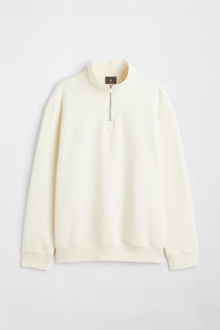 H & M - Relaxed Fit Half-zip Sweatshirt - White